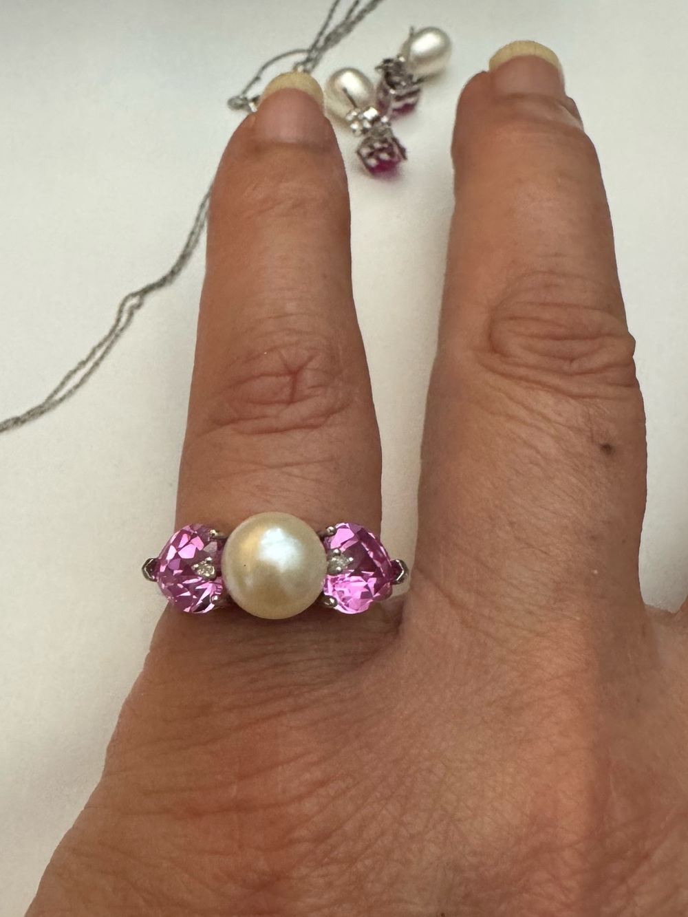 Fine jewelry 10k white gold sapphire and fresh water pearl SZ 7 - Picture 3 of 10
